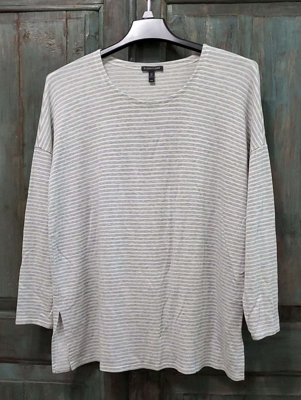 Eileen Fisher Cozy Gray White Striped Long Sleeves Top, Size Medium, NWOT